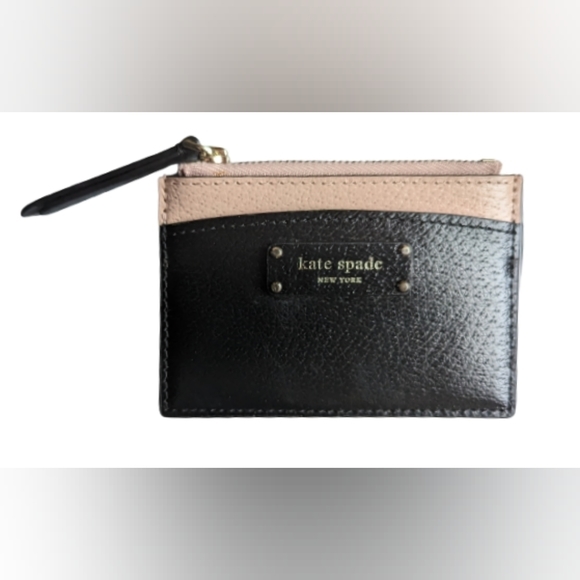 kate spade Accessories - NWT Kate Spade zip card holder black and pink pebbled leather silver print